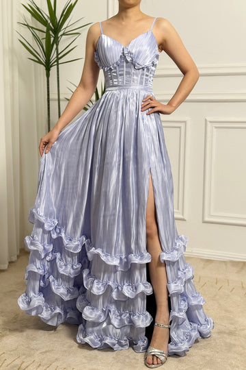 Lavender A Line Spaghetti Straps Ruffles Prom Dress with Slit